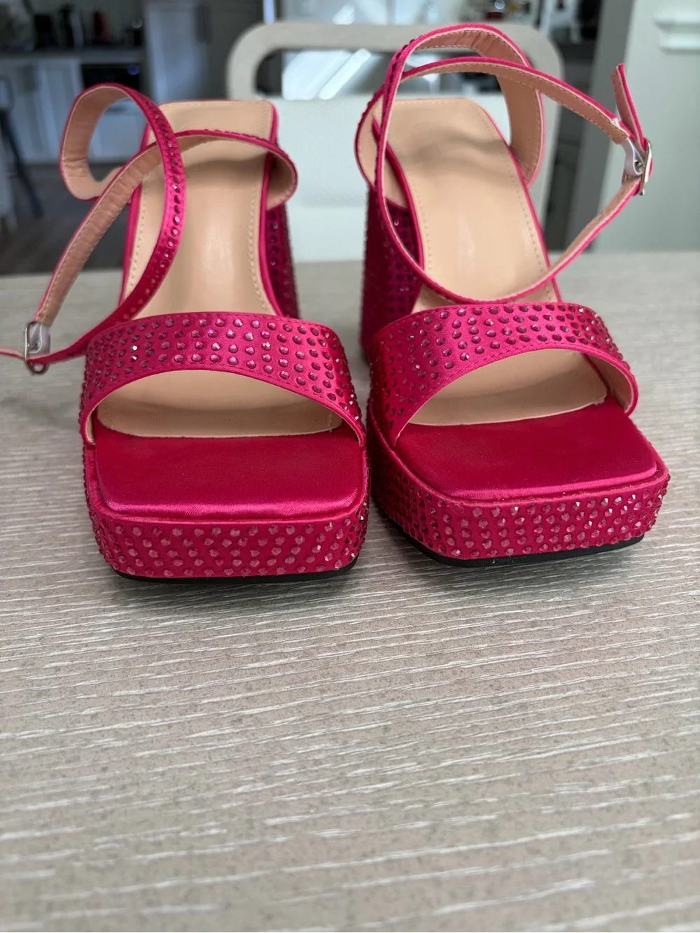 Rhinestone Satin Platform Sandals in Fuchsia Pink